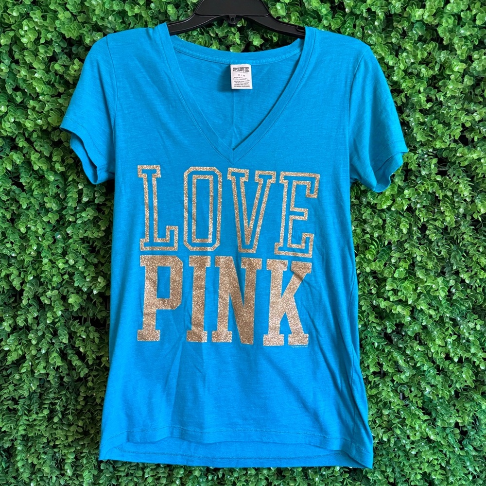 PINK Victoria's Secret Turquoise/ Blue Gold Love Pink V-Neck Shirt Medium - Picture 2 of 6